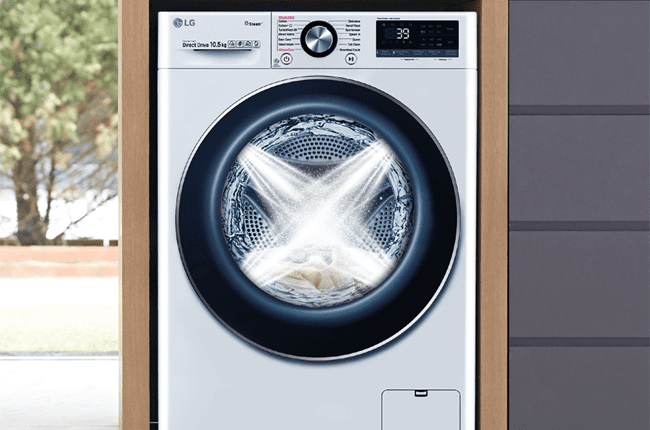 LG Laundry includes excellent features such as the TurboWash™360˚ on selected LG washing machines. This image shows a white washing machine in a modern space and displays the interior jet sprays that soak your clothes fully.