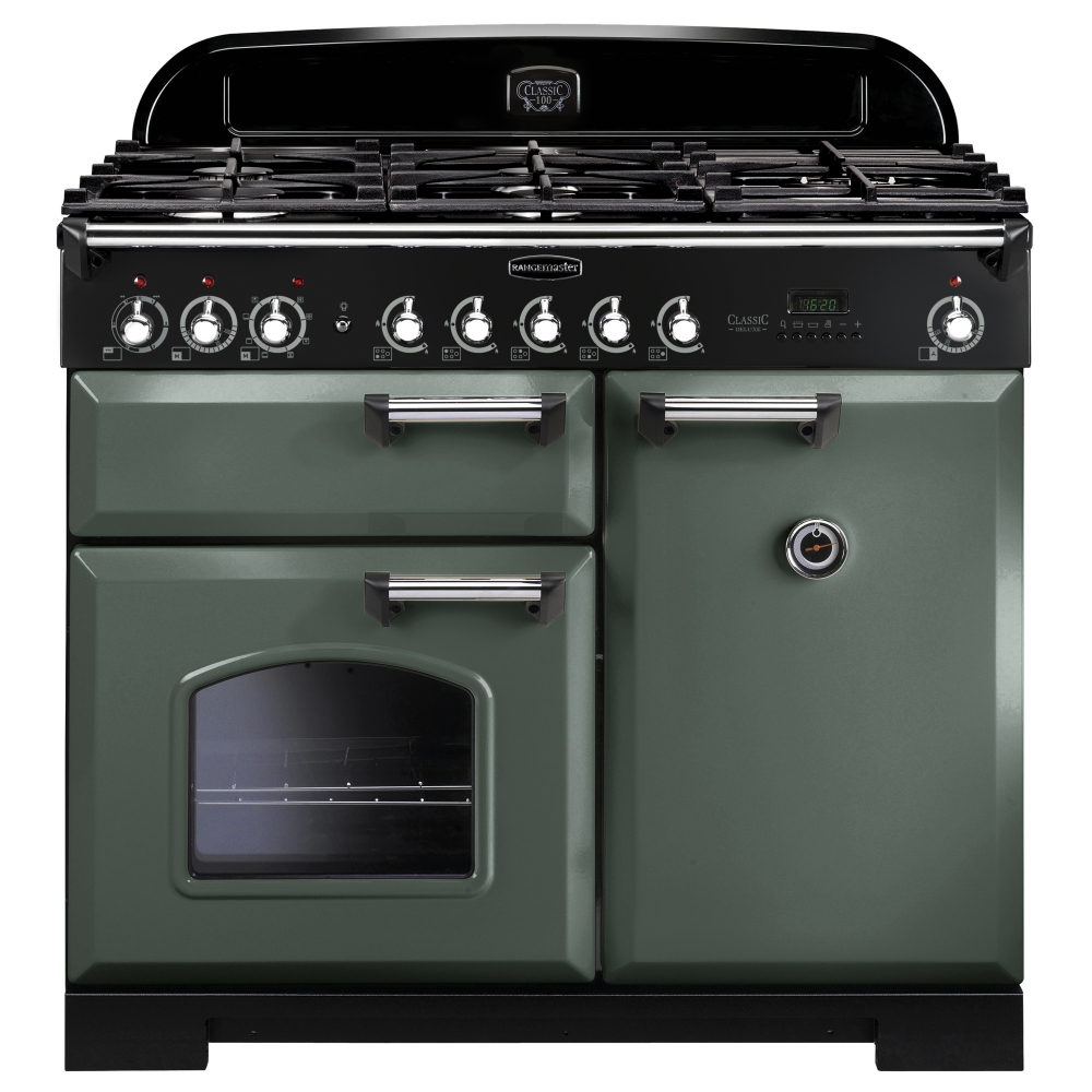 Rangemaster CDL100DFFMG/C Classic Deluxe 100cm Dual Fuel Range Cooker 127410 - MINERAL GREEN