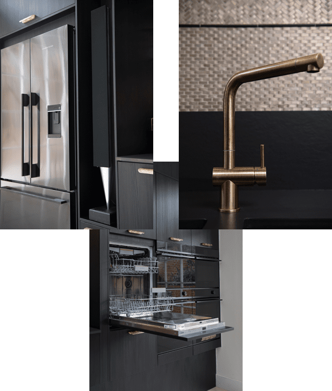 Image displays 3 different appliances: an american style fridge freezer, a gold boiling water tap and a built in oven. These appliances fit right in with a luxurious kitchen