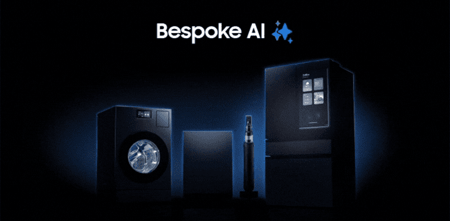 Bespoke AI is a ket feature in modern samsung smart fridges. This image features a Samsung washing machine, vacuum cleqner and smart fridge on a dark background with text that says Bespoke AI above it.