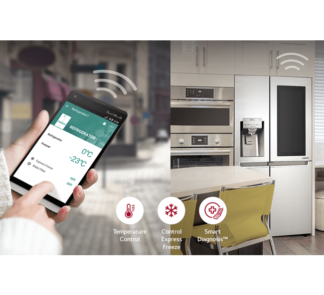 The LG ThinQ app can do the following remotely to your smart fridge: Temperature Control Control Express Freeze Smart Diagnosis