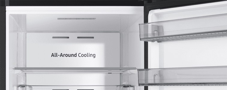 Image features the inside of a samsung smart fridge - displaying its all-around cooling capabilities.