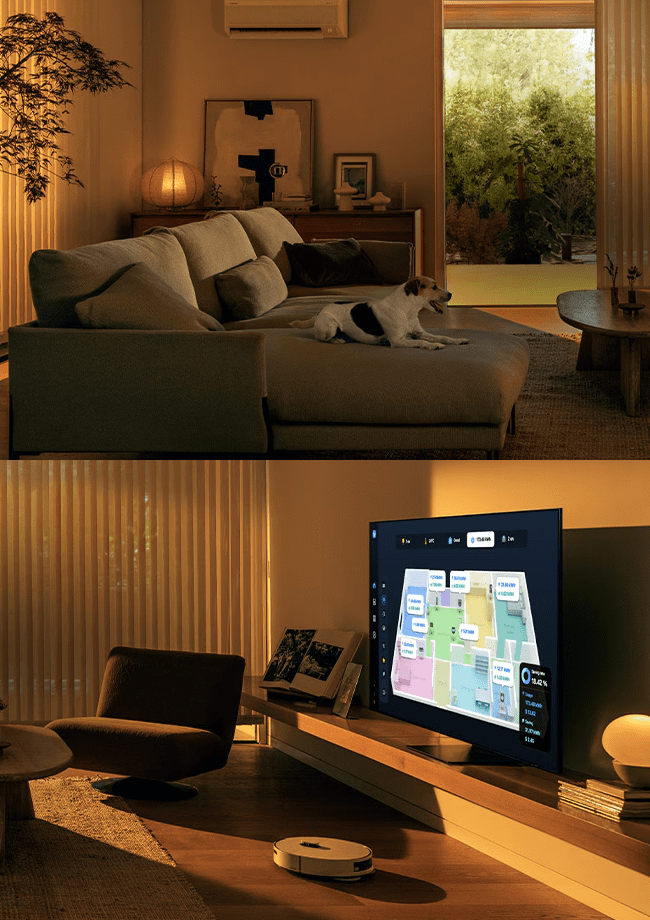 An image of a living room with a display for the SmartThings app on a flatscreen tv.