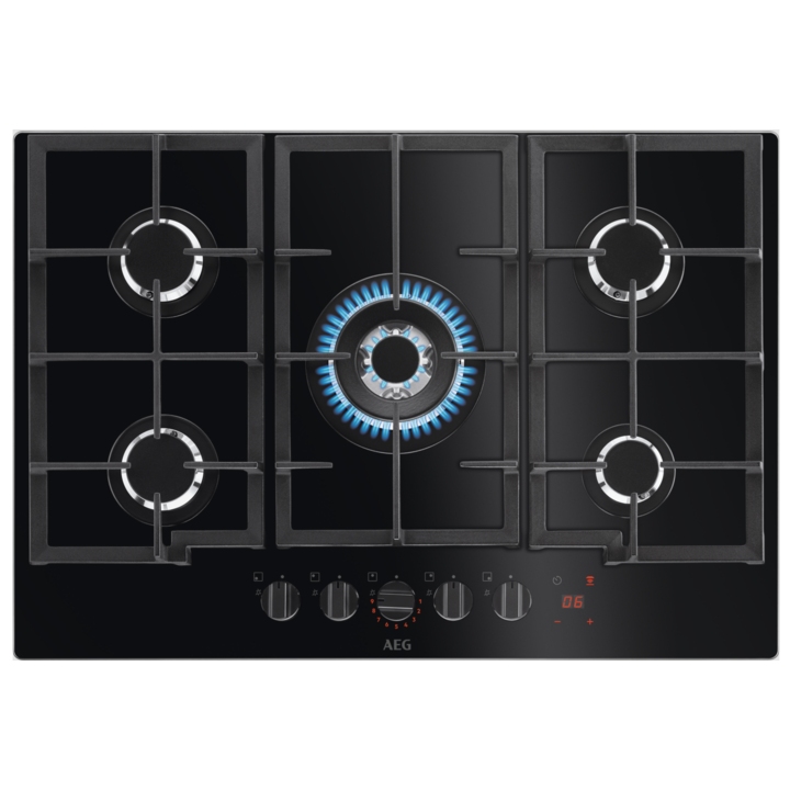 AEG HKB75450NB 74cm Series 8000 5 Burner Hob2Hood FlameLight Gas On Glass Hob – BLACK