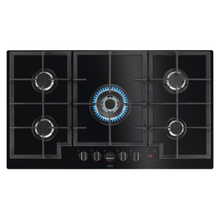 AEG HKB95450NB 88cm Series 8000 5 Burner Hob2Hood FlameLight Gas On Glass Hob – BLACK