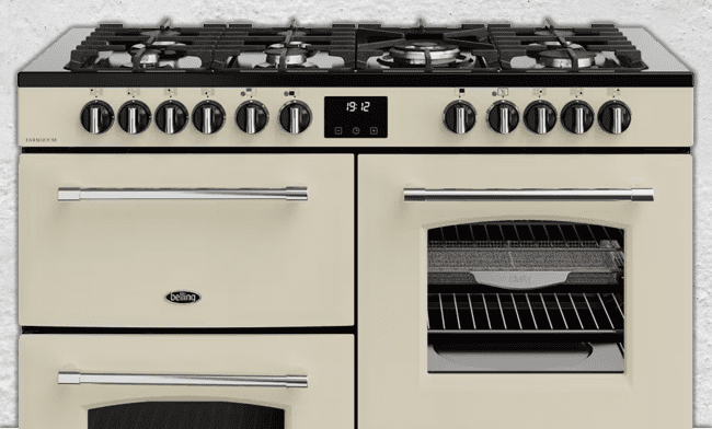 This image shows a cream Belling dual fuel range cooker.