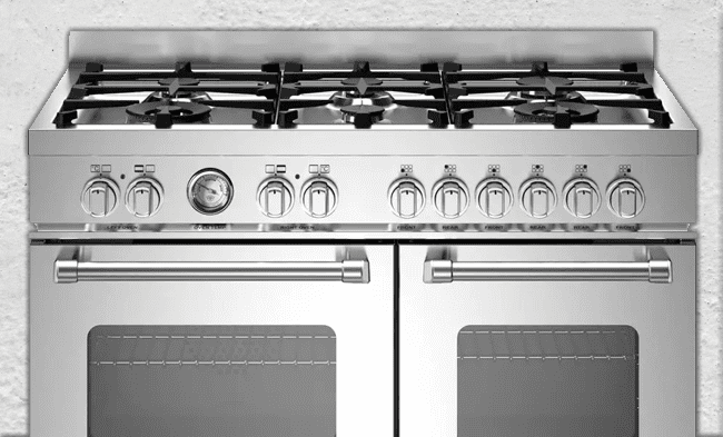This image shows a stainless steel Bertazzoni dual fuel range cooker.