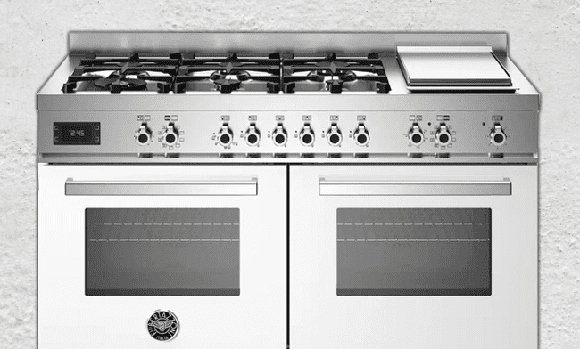 This image shows a white Bertazzoni gas range cooker