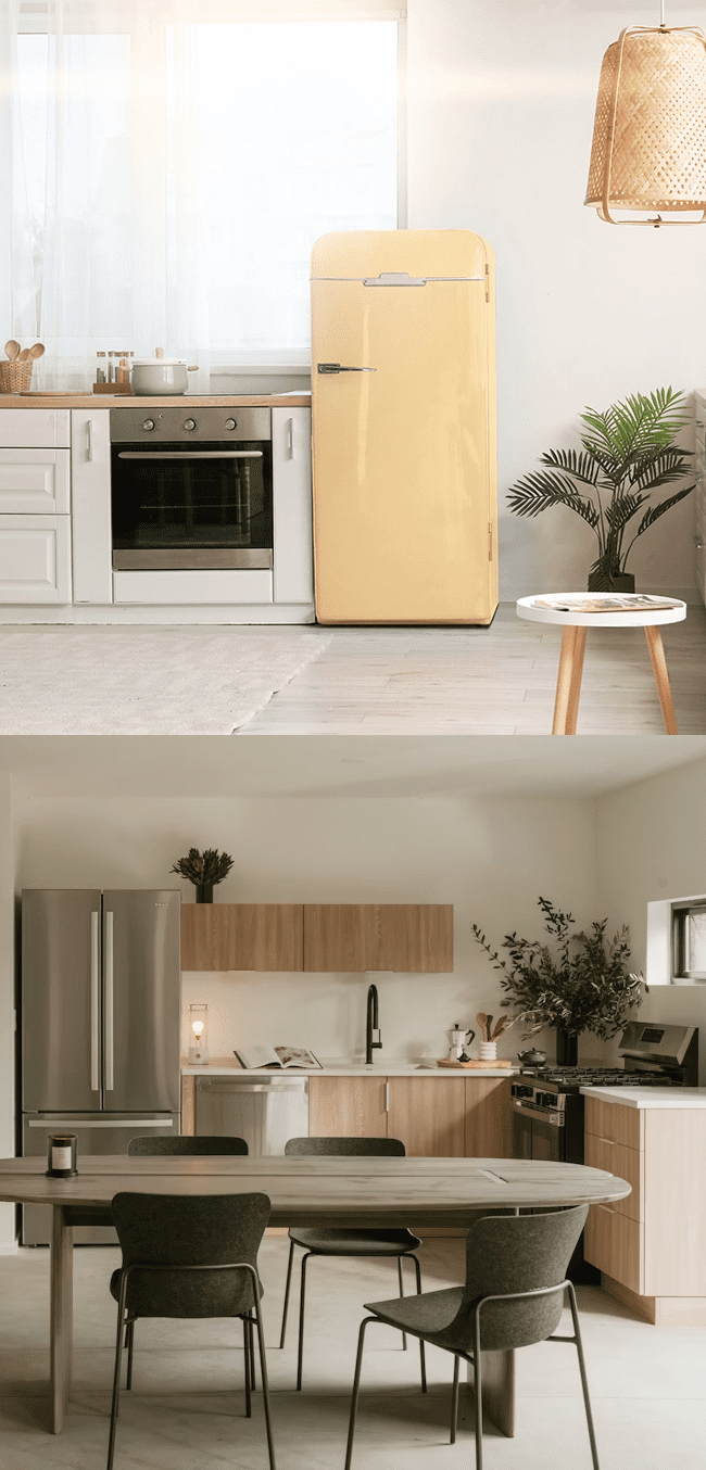 The top half of this Image shows a white kitchen with a built in oven next to a retro freestanding fridge freezer. The bottom of the image shows a kitchen with evenly spaced appliances