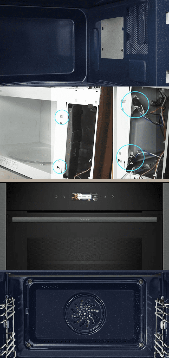 This image shows 4 seperate images: The interior of a Samsung microwave with clean vents. An image of a microwave with its control panel removed and door switches highlighted. Close up on a black Neff microwave with a 3,7" Full Touch TFT Display. Digital displays can also be at risk of potential issues. Close up on a interior of a Samsung combination microwave with a cooling fan.