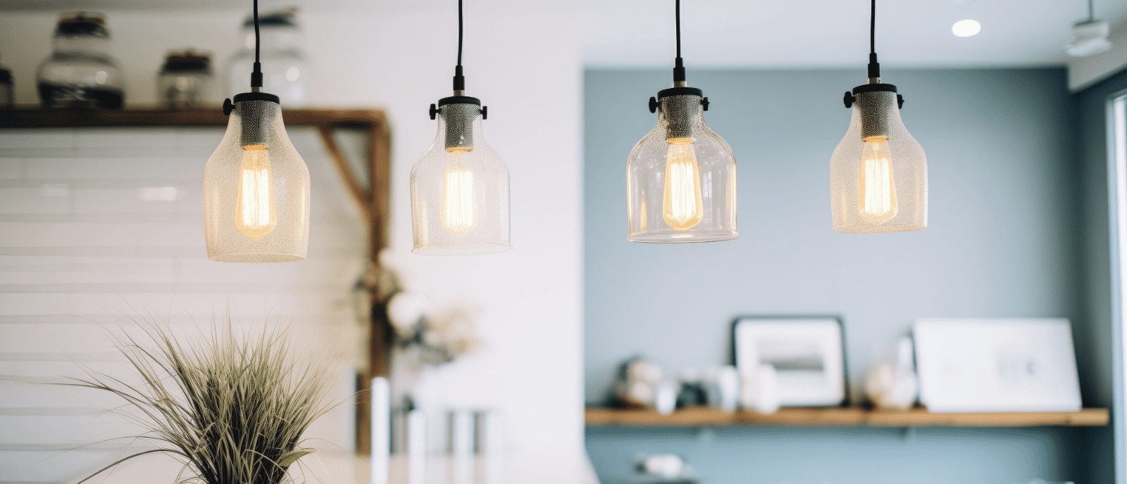 Pendant lights lined up in a kitchen
