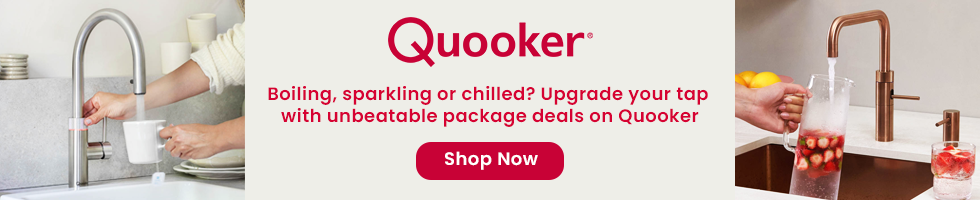Image of a Quooker tap pouring sparkling water into a glass, and another image of a Quooker tap pouring boiling water into a mug. The text in the centre says 'Boiling, sparkling, chilled? Upgrade your tap with unbeatable package deals on Quooker'.