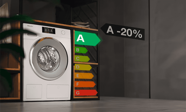 Image shows a Miele W1 washing machine alongside a graphic of different appliance eneegy ratings- highlighting the A rating for this specific model.