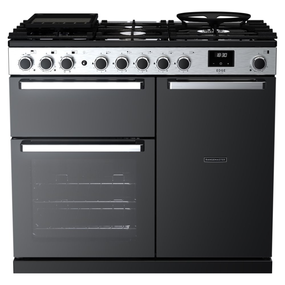 Rangemaster EDDL100DFGBLK/CM1 Edge Deluxe 100cm Dual Fuel Range Cooker With Chrome Trim 15808 - BLACK