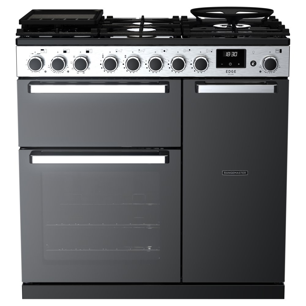 Rangemaster EDDL90DFGBLK/CM1 Edge Deluxe 90cm Dual Fuel Range Cooker With Chrome Trim 15796 - BLACK