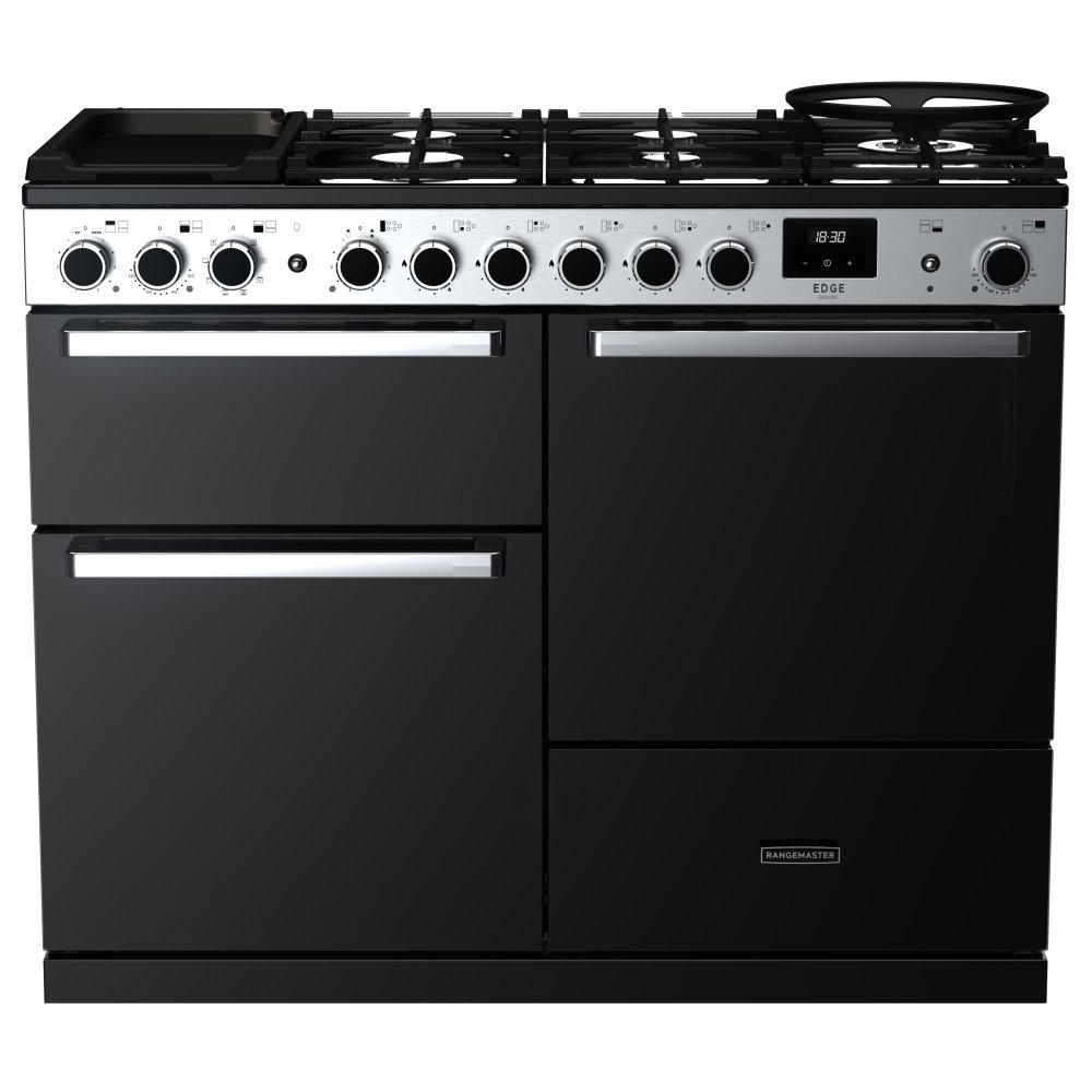 Rangemaster EDDLO110DFGBLK/CM1 Edge Deluxe OC 110cm Dual Fuel Range Cooker With Chrome Trim 15816 - BLACK