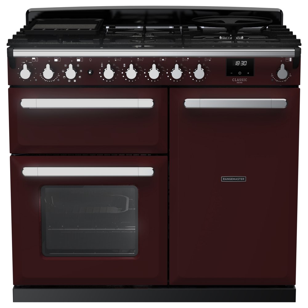 Rangemaster ESDL100DFPBOR/CM1 Estel Deluxe 100cm Dual Fuel Range Cooker With Chrome Trim 15081 - BORDEAUX