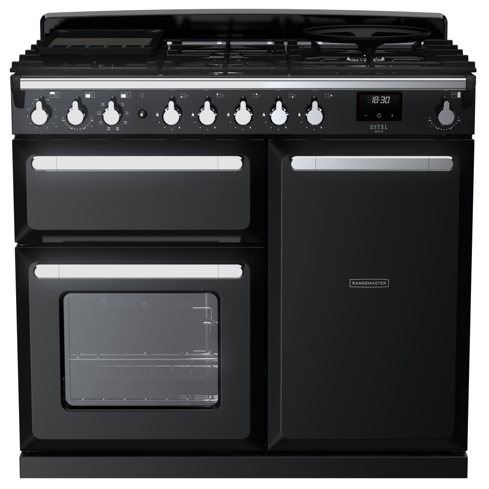 Rangemaster ESDL100DFPGBL/CM1 Estel Deluxe 100cm Dual Fuel Range Cooker With Chrome Trim 15078 - BLACK
