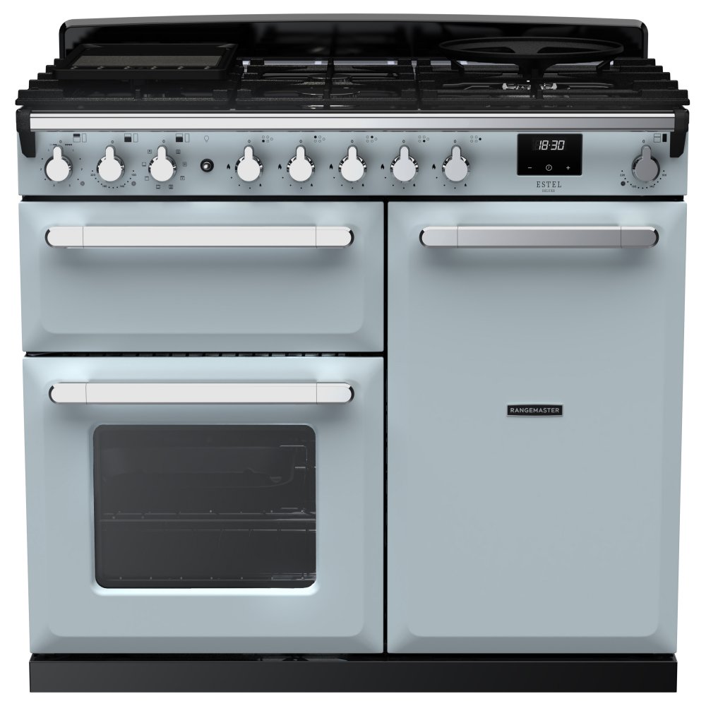 Rangemaster ESDL100DFPMSB/CM1 Estel Deluxe 100cm Dual Fuel Range Cooker With Chrome Trim 15083 - MISTY BLUE