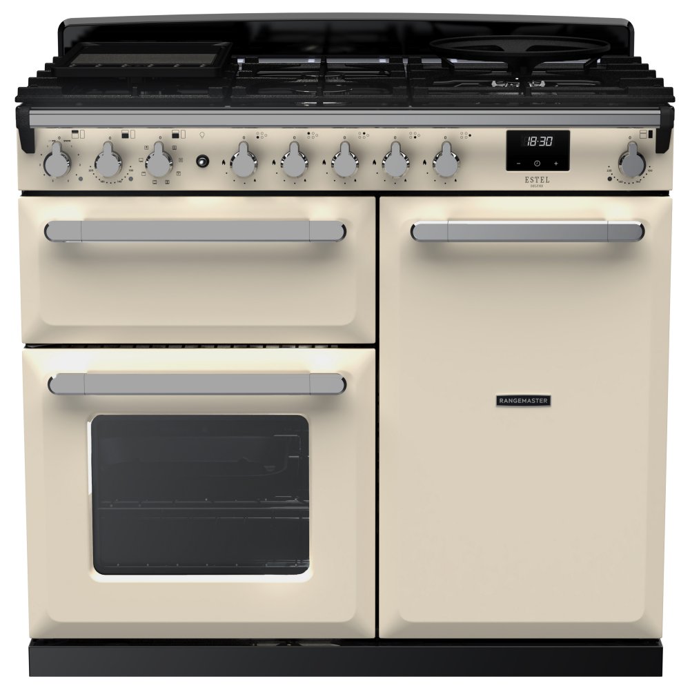 Rangemaster ESDL100DFPPCR/CM1 Estel Deluxe 100cm Dual Fuel Range Cooker With Chrome Trim 15080 - PALE CREAM