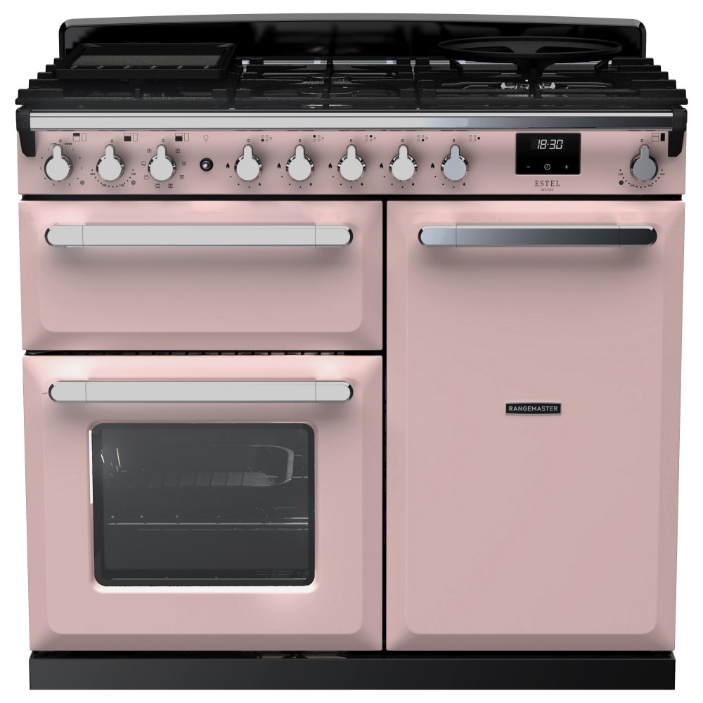 Rangemaster ESDL100DFPPPK/CM1 Estel Deluxe 100cm Dual Fuel Range Cooker With Chrome Trim 15084 - PALE PINK