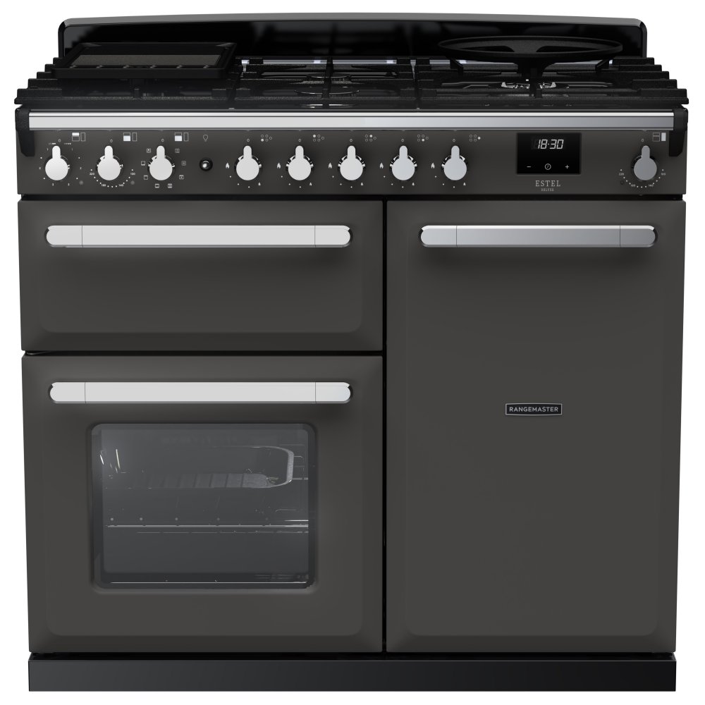 Rangemaster ESDL100DFPSLT/CM1 Estel Deluxe 100cm Dual Fuel Range Cooker With Chrome Trim 15079 - SLATE