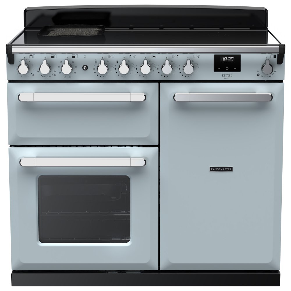 Rangemaster ESDL100EIPMSB/CM1 Estel Deluxe 100cm Induction Range Cooker With Chrome Trim 15117 - MISTY BLUE
