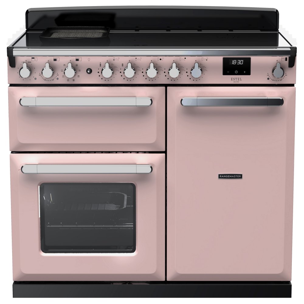 Rangemaster ESDL100EIPPPK/CM1 Estel Deluxe 100cm Induction Range Cooker With Chrome Trim 15118 - PALE PINK