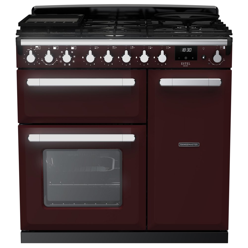 Rangemaster ESDL90DFPBOR/CM1 Estel Deluxe 90cm Dual Fuel Range Cooker With Chrome Trim 14979 - BORDEAUX
