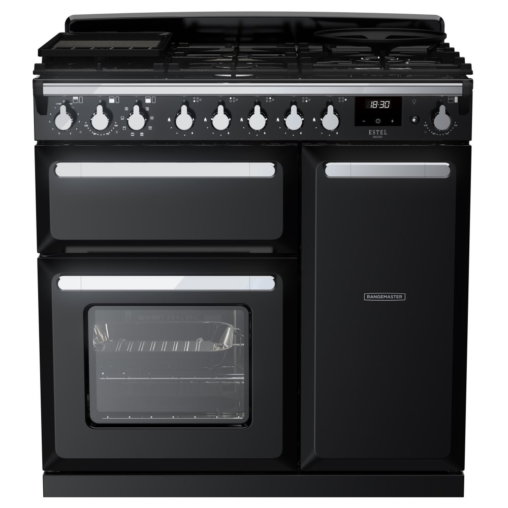 Rangemaster ESDL90DFPGBL/CM1 Estel Deluxe 90cm Dual Fuel Range Cooker With Chrome Trim 14976 - BLACK