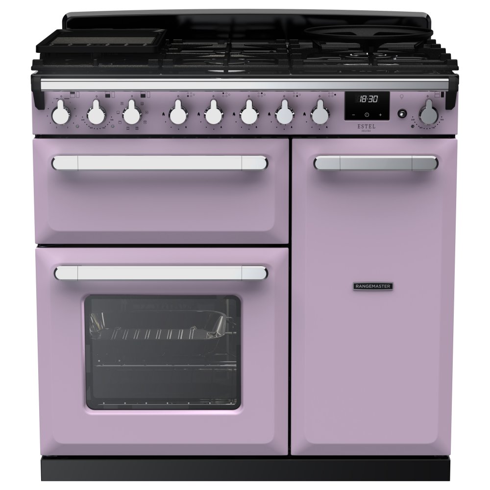 Rangemaster ESDL90DFPHTH/CM1 Estel Deluxe 90cm Dual Fuel Range Cooker With Chrome Trim 17843 - HEATHER