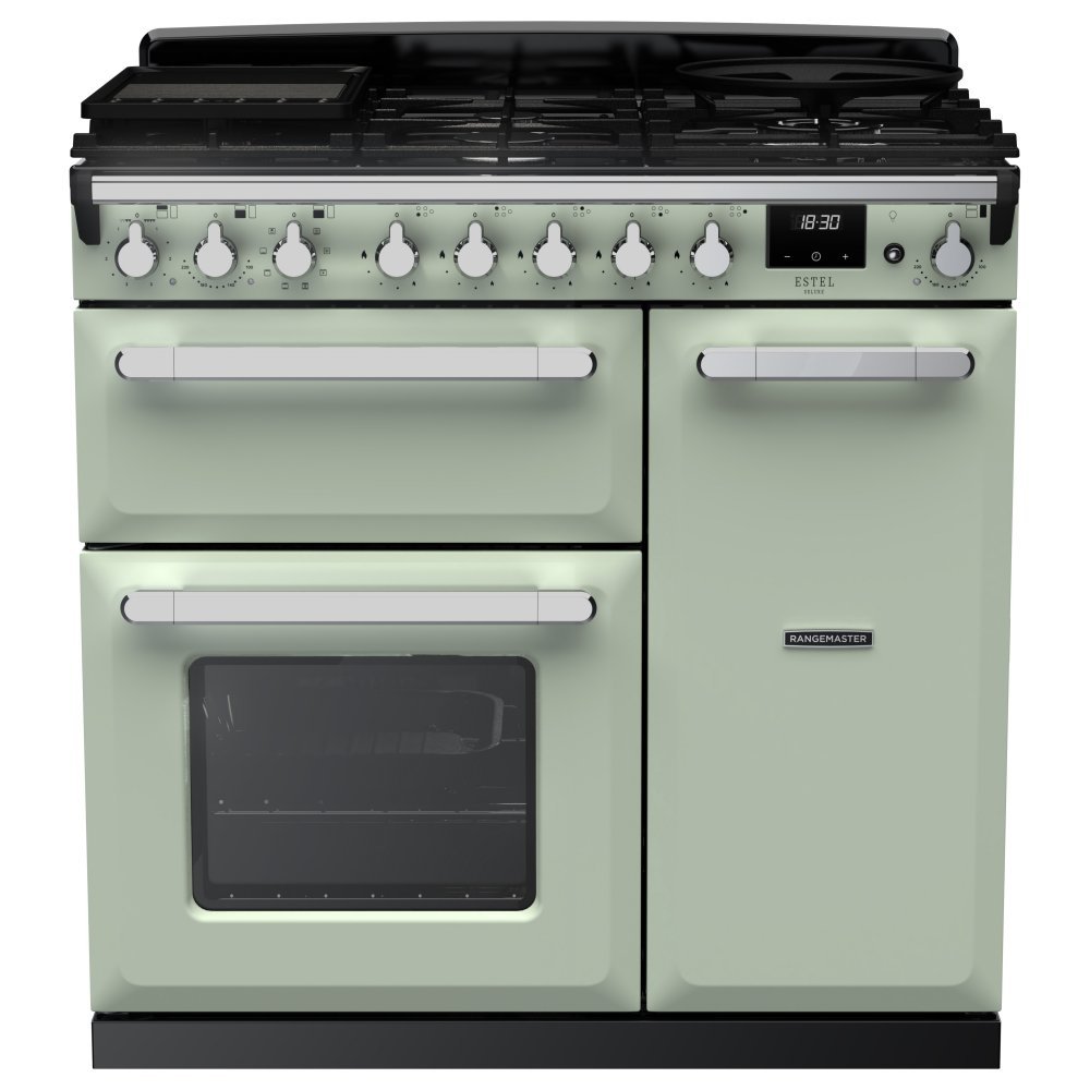 Rangemaster ESDL90DFPMNT/CM1 Estel Deluxe 90cm Dual Fuel Range Cooker With Chrome Trim 14983 - MINT