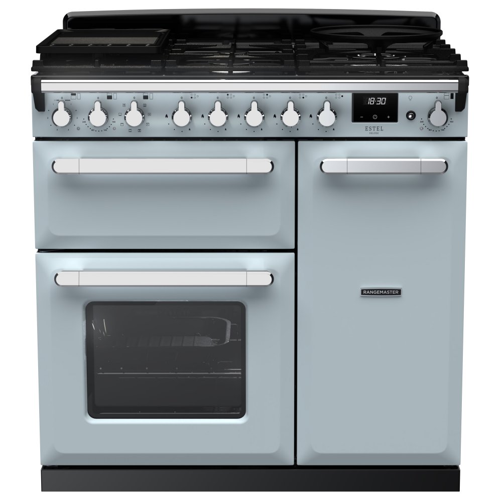 Rangemaster ESDL90DFPMSB/CM1 Estel Deluxe 90cm Dual Fuel Range Cooker With Chrome Trim 14981 - MISTY BLUE