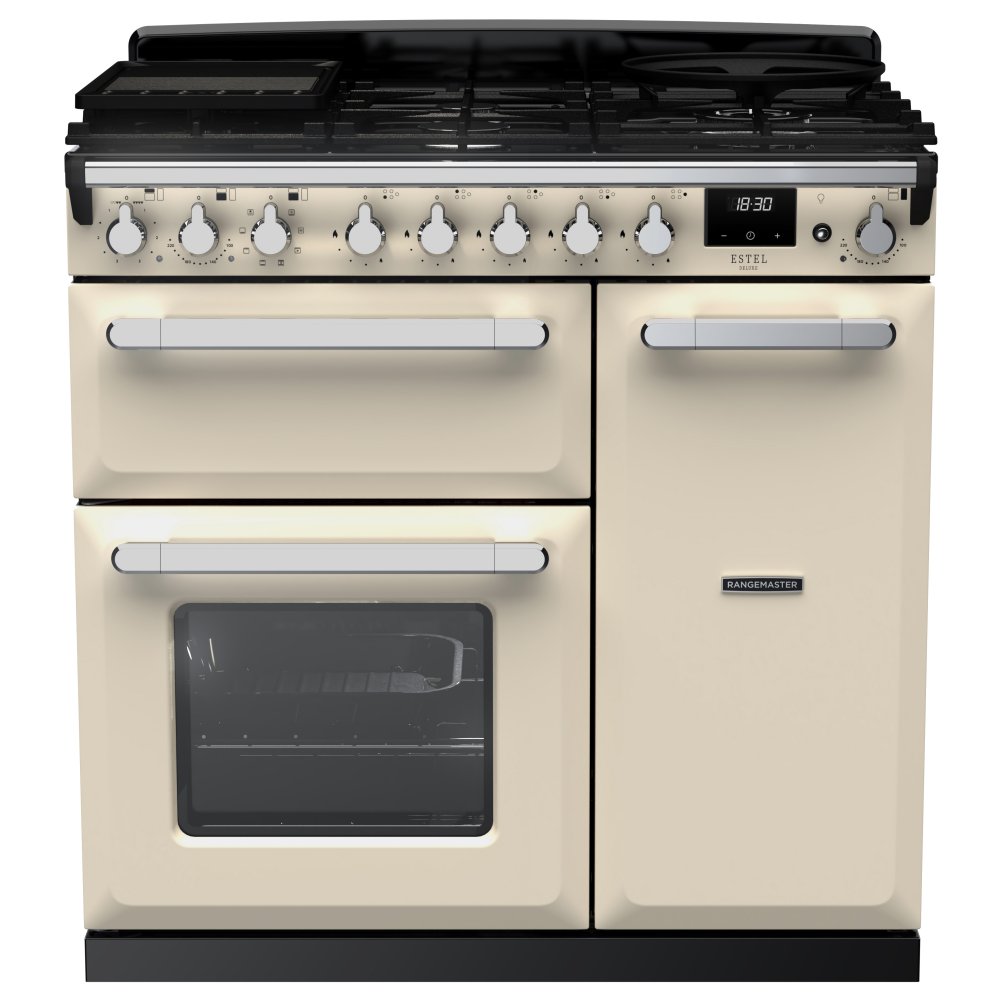 Rangemaster ESDL90DFPPCR/CM1 Estel Deluxe 90cm Dual Fuel Range Cooker With Chrome Trim 14978 - PALE CREAM