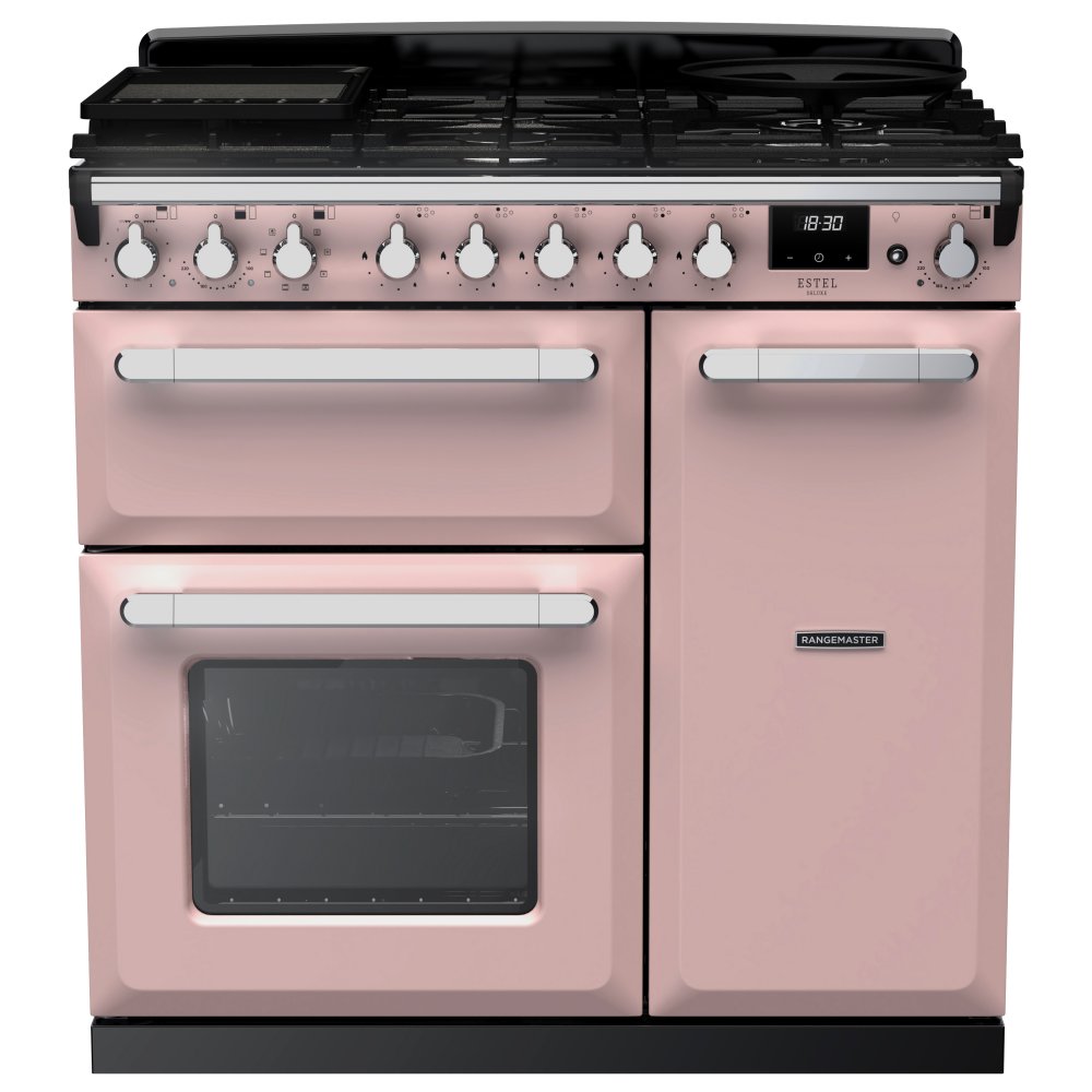 Rangemaster ESDL90DFPPPK/CM1 Estel Deluxe 90cm Dual Fuel Range Cooker With Chrome Trim 14982 - PALE PINK