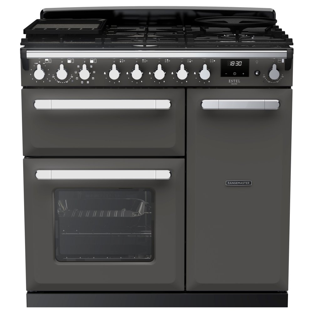 Rangemaster ESDL90DFPSLT/CM1 Estel Deluxe 90cm Dual Fuel Range Cooker With Chrome Trim 14977 - SLATE