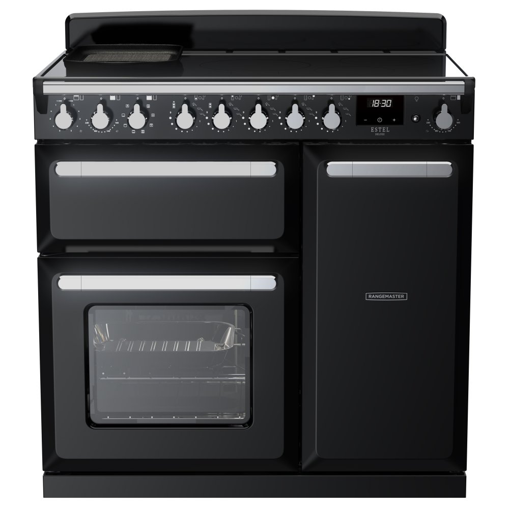 Rangemaster ESDL90EIPGBL/CM1 Estel Deluxe 90cm Induction Range Cooker With Chrome Trim 15027 - BLACK