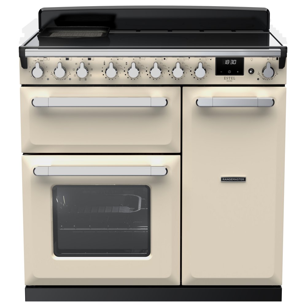 Rangemaster ESDL90EIPPCR/CM1 Estel Deluxe 90cm Induction Range Cooker With Chrome Trim 15029 – PALE CREAM