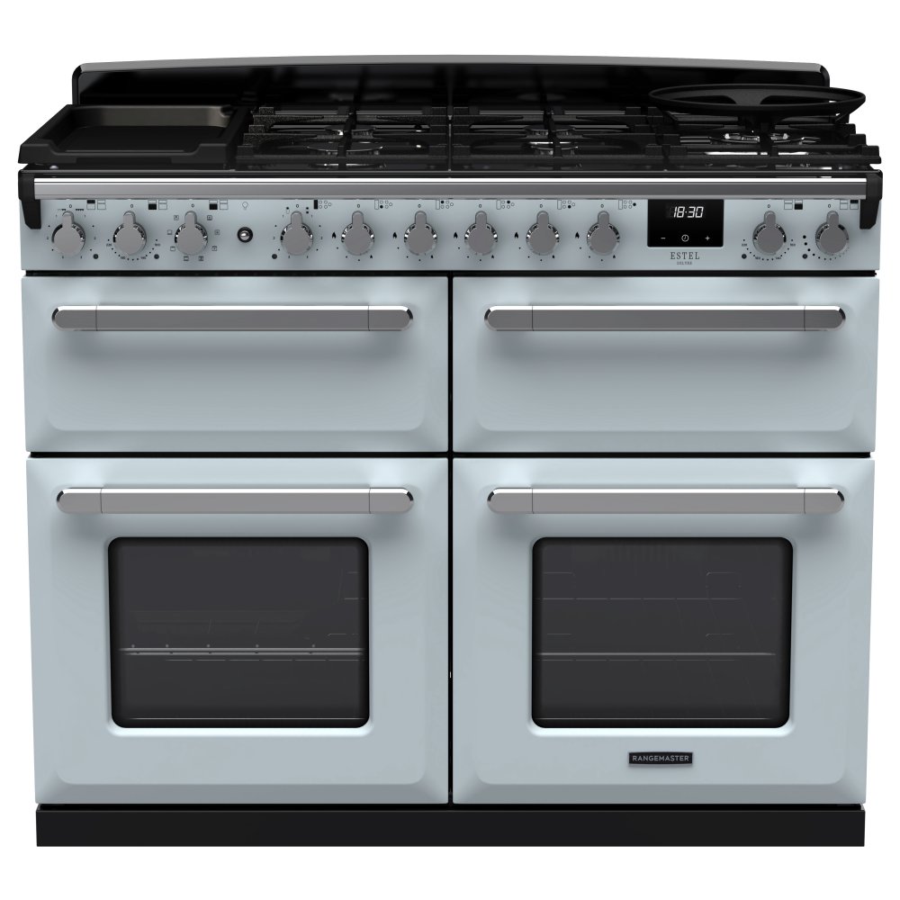 Rangemaster ESDLB110DFPMSB/CM1 Estel Deluxe BC 110cm Dual Fuel Range Cooker With Chrome Trim 15253 - MISTY BLUE