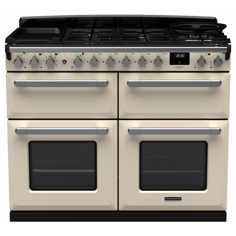 Rangemaster ESDLB110DFPPCR/CM1 Estel Deluxe BC 110cm Dual Fuel Range Cooker With Chrome Trim 15250 - PALE CREAM