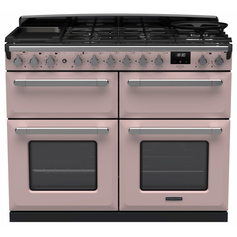 Rangemaster ESDLB110DFPPPK/CM1 Estel Deluxe BC 110cm Dual Fuel Range Cooker With Chrome Trim 15254 - PALE PINK