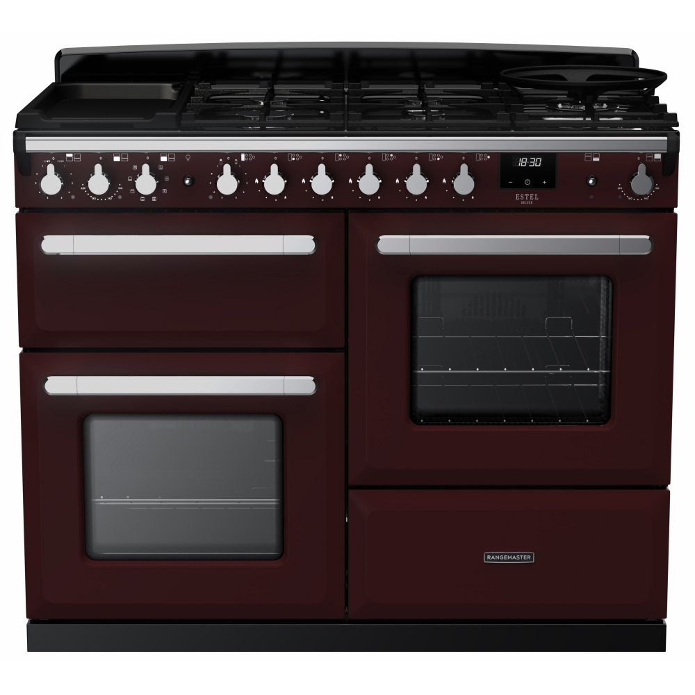 Rangemaster ESDLO110DFPBOR/CM1 Estel Deluxe OC 110cm Dual Fuel Range Cooker With Chrome Trim 15149 - BORDEAUX