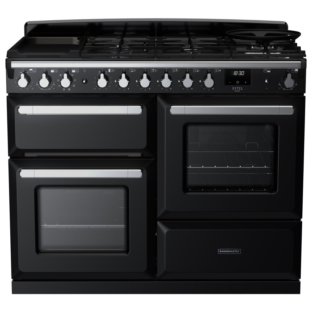 Rangemaster ESDLO110DFPGBL/CM1 Estel Deluxe OC 110cm Dual Fuel Range Cooker With Chrome Trim 15146 - BLACK