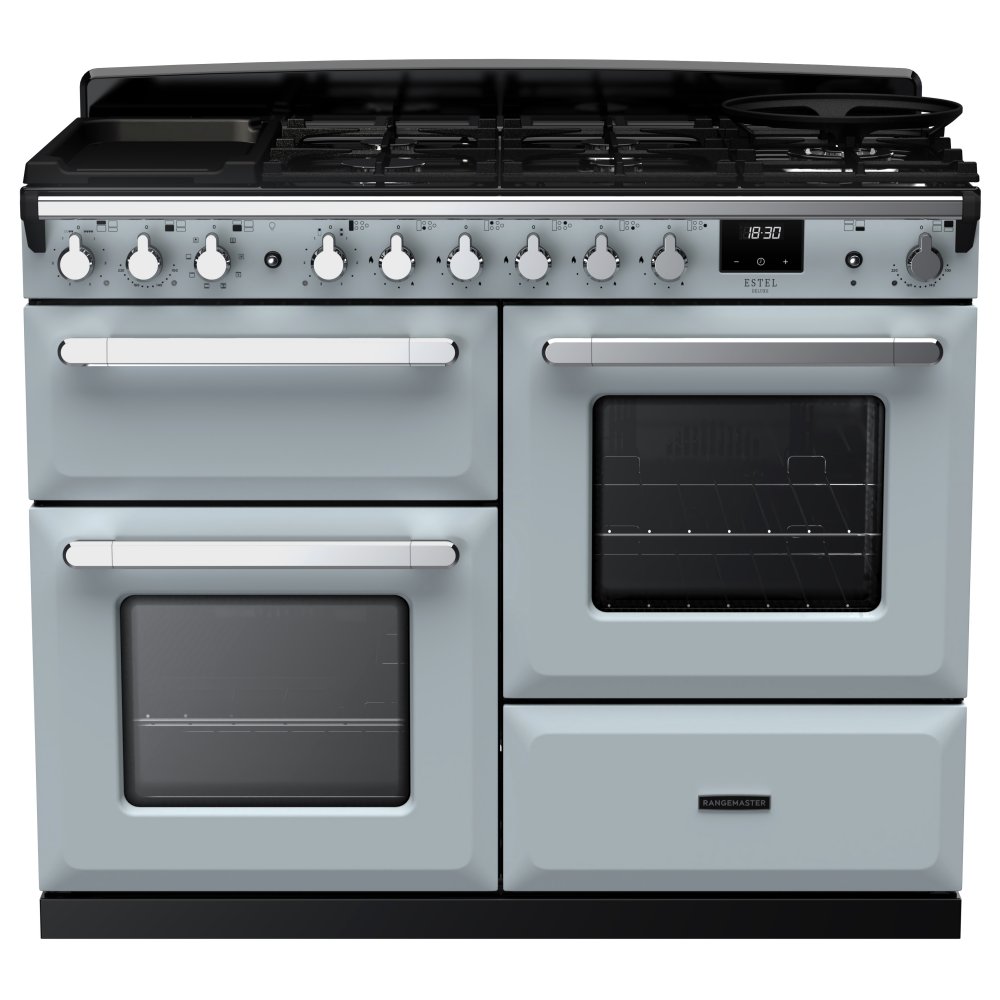 Rangemaster ESDLO110DFPMSB/CM1 Estel Deluxe OC 110cm Dual Fuel Range Cooker With Chrome Trim 15151 - MISTY BLUE