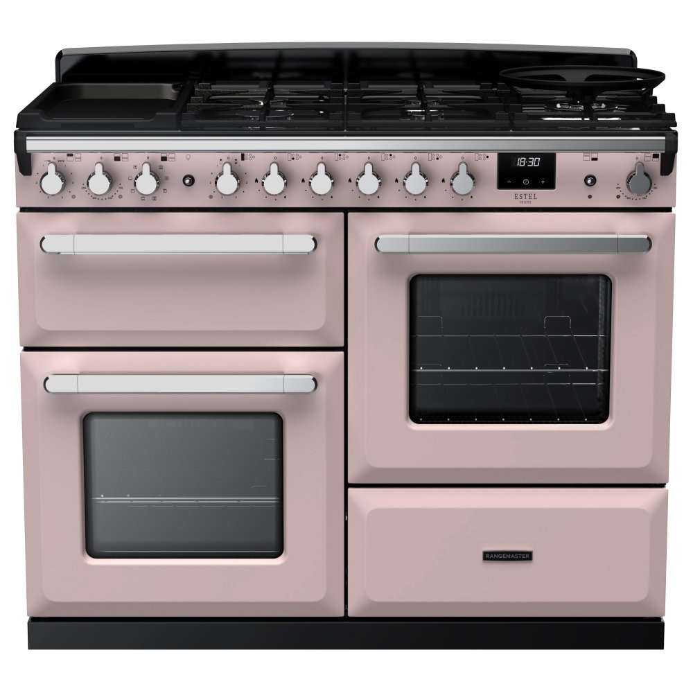 Rangemaster ESDLO110DFPPPK/CM1 Estel Deluxe OC 110cm Dual Fuel Range Cooker With Chrome Trim 15152 - PALE PINK