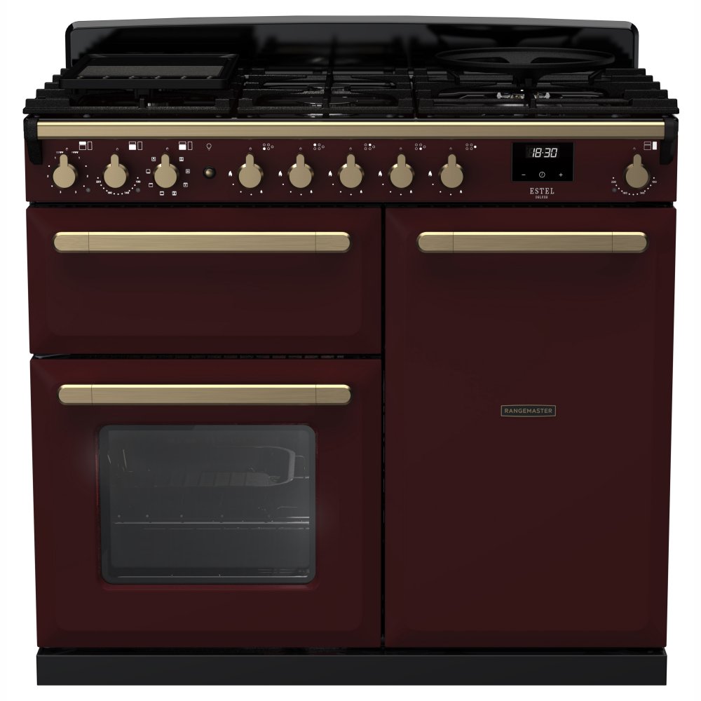 Rangemaster ESDL100DFPBOR/AB1 Estel Deluxe 100cm Dual Fuel Range Cooker With Antique Brass Trim 18077 - BORDEAUX