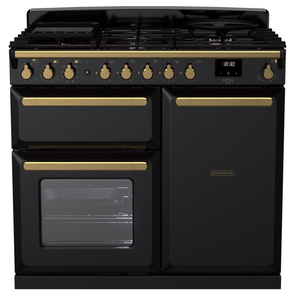 Rangemaster ESDL100DFPGBL/AB1 Estel Deluxe 100cm Dual Fuel Range Cooker With Antique Brass Trim 18074 - BLACK