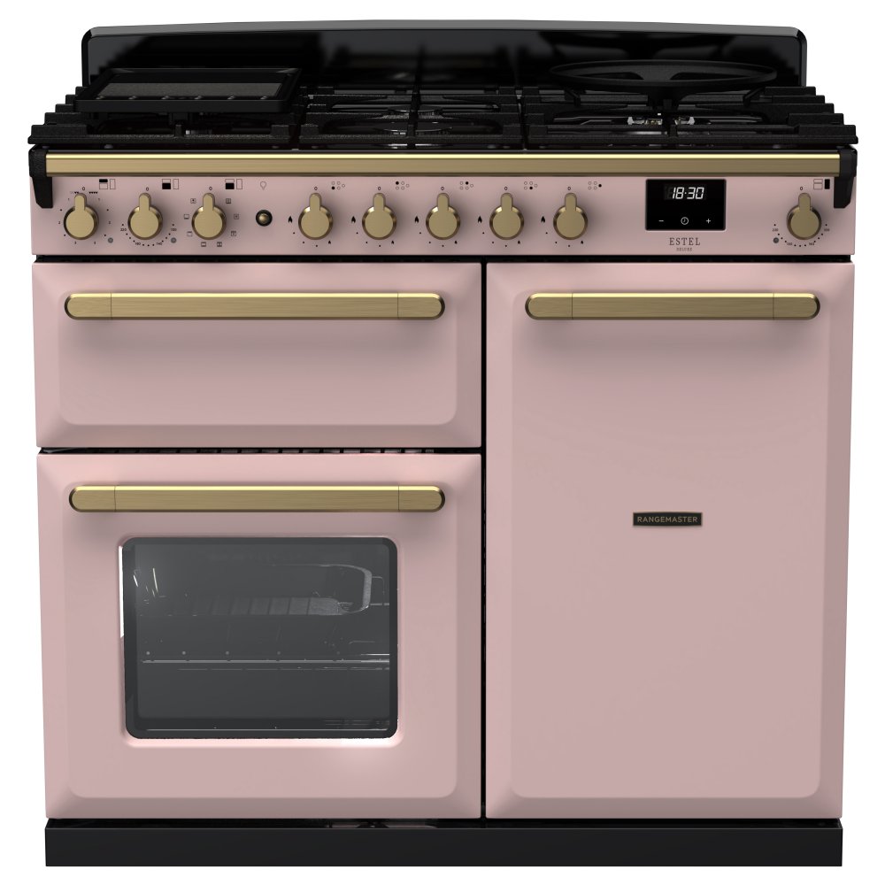 Rangemaster ESDL100DFPPPK/AB1 Estel Deluxe 100cm Dual Fuel Range Cooker With Antique Brass Trim 18079 - PALE PINK