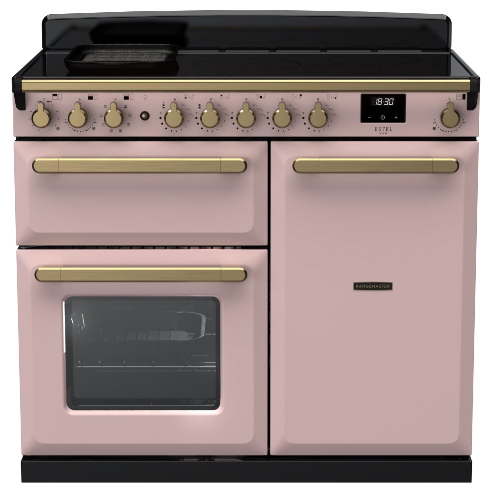 Rangemaster ESDL100EIPPPK/AB1 Estel Deluxe 100cm Induction Range Cooker With Antique Brass Trim 18093 - PALE PINK