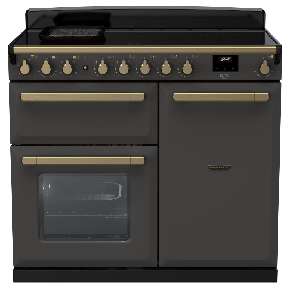 Rangemaster ESDL100EIPSLT/AB1 Estel Deluxe 100cm Induction Range Cooker With Antique Brass Trim 18089 - SLATE